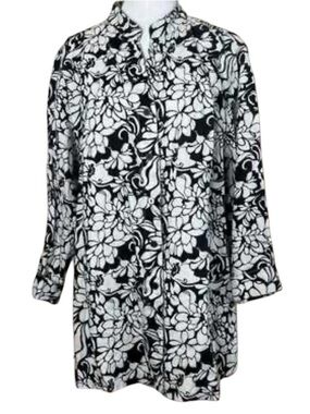 Jillian Jones 100% Linen Black & White Floral Button-Front Tunic Spring NWT